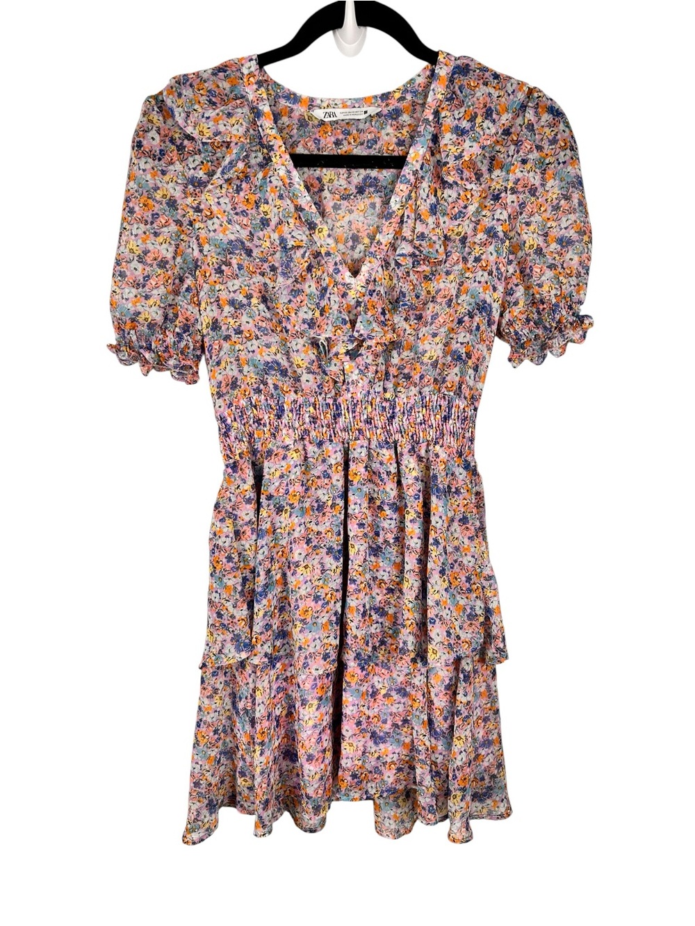 Zara Floral Ruffle V-Neck Mini Dress, XS tiered skirt smocked Pretty Western - Picture 2 of 14